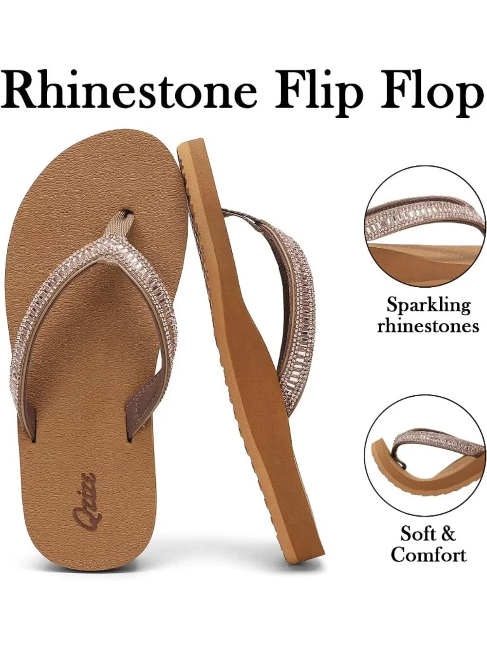 Women's Khaki Summer Comfortable Flip Flops with Rhinestone Beach Thong Sandals